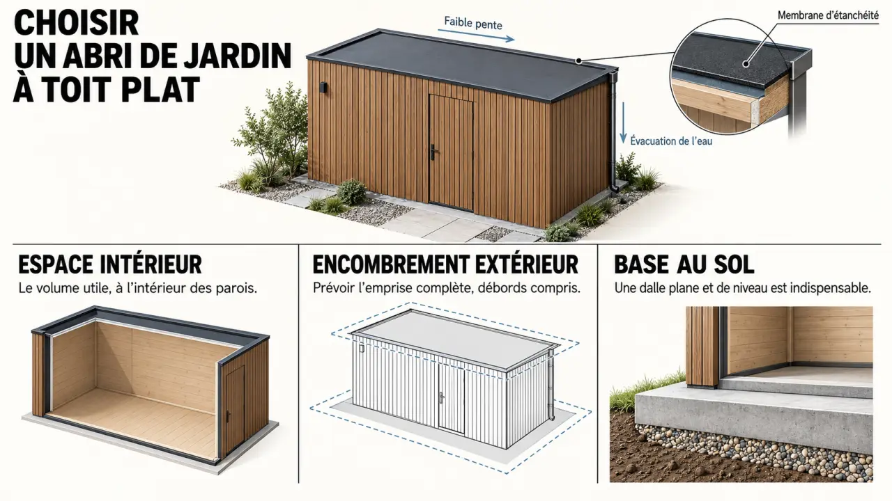 Infographie sur les critères de choix d’un abri de jardin toit plat