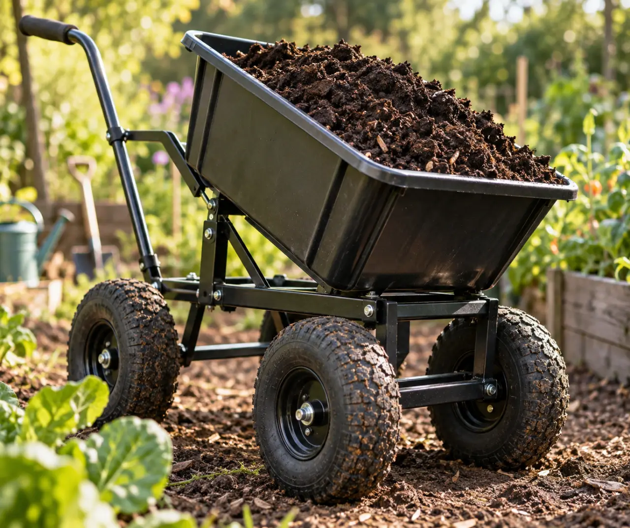 Chariot pour jardinage : 4 roues et benne basculante pour transporter le compost sans forcer