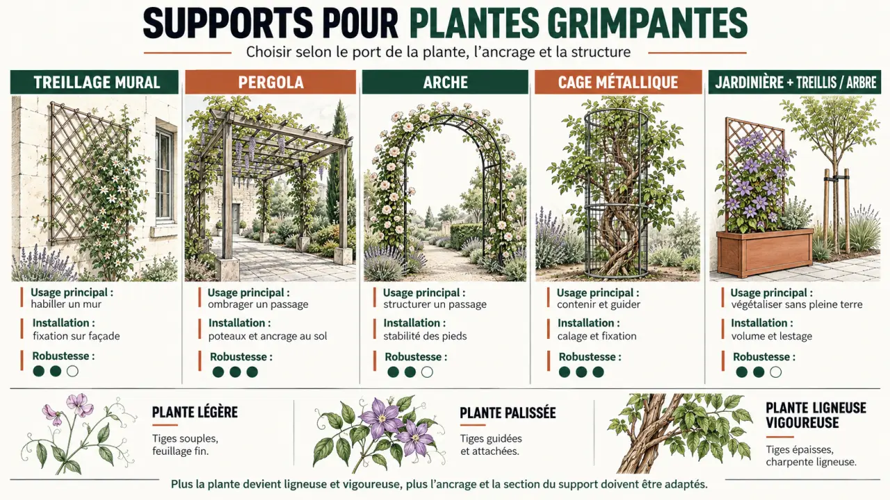 Infographie comparative des supports pour plantes grimpantes selon l’usage et la robustesse