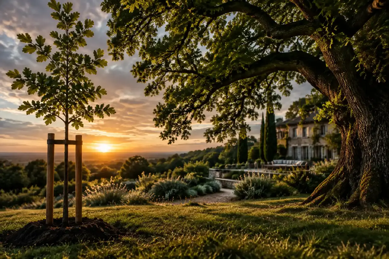 Chêne majestueux dans un domaine paysager au lever du jour