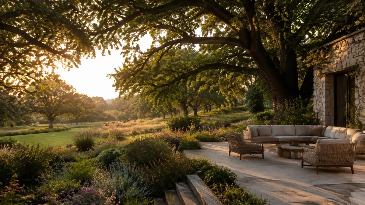 Grand chêne centenaire dans un jardin paysager brumeux au lever du soleil