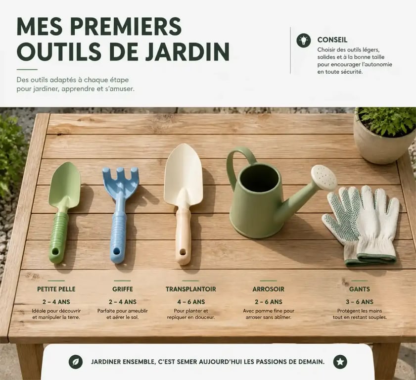 Panoplie d'outils de jardinage enfant adaptés par âge sur une table en bois