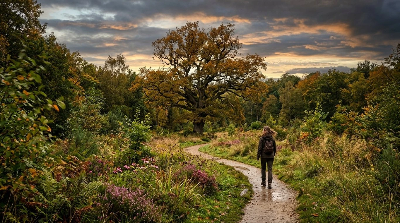 Parc privé entretenu avec végétation diversifiée et cheminement naturel vers les arbres.