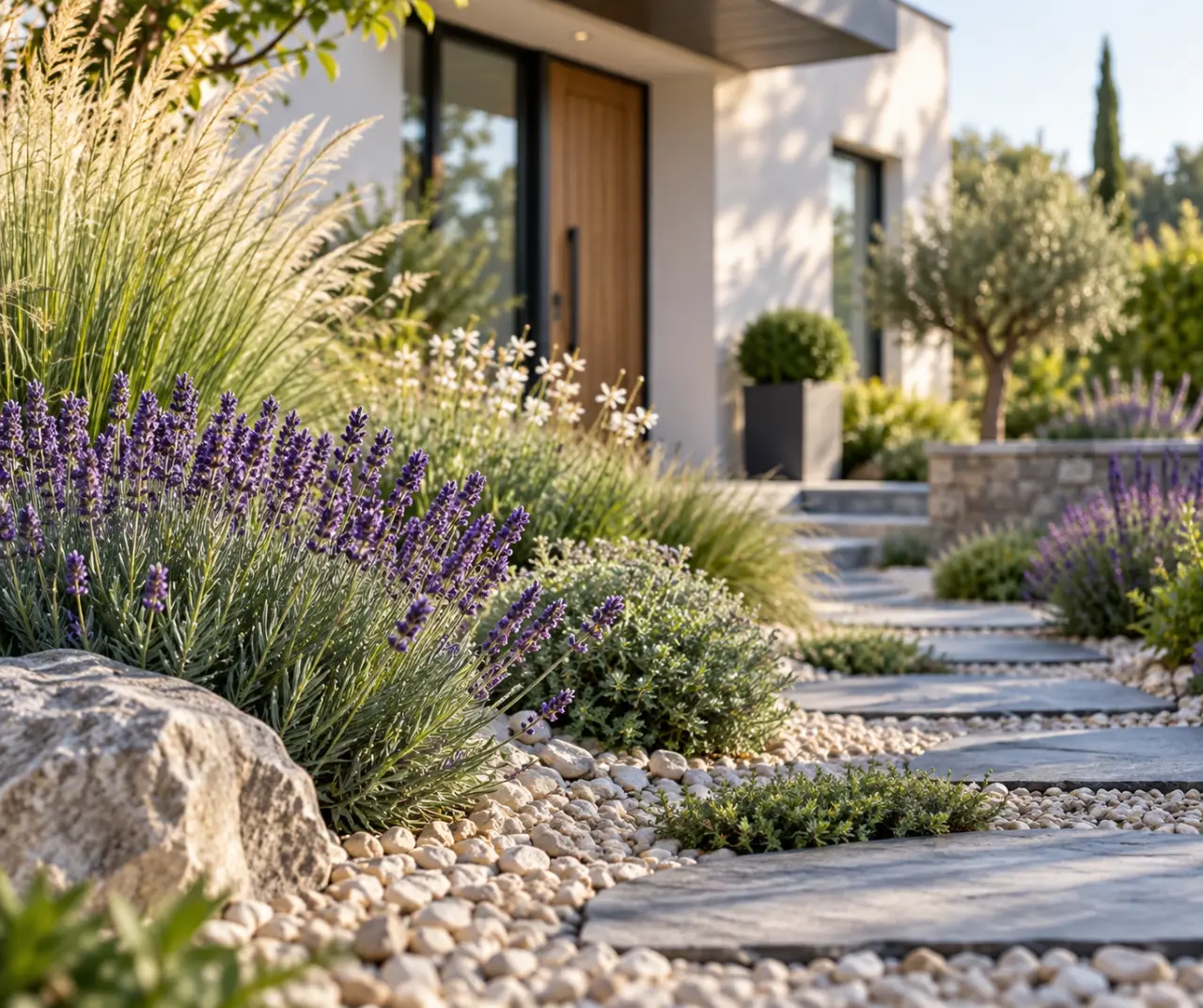 Un parterre devant maison réussi associe circulation claire, style cohérent et entretien réduit