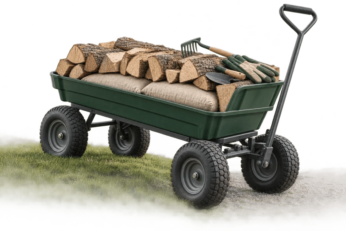 Chariot pour jardinage chargé sur terrain irrégulier avec roues pneumatiques