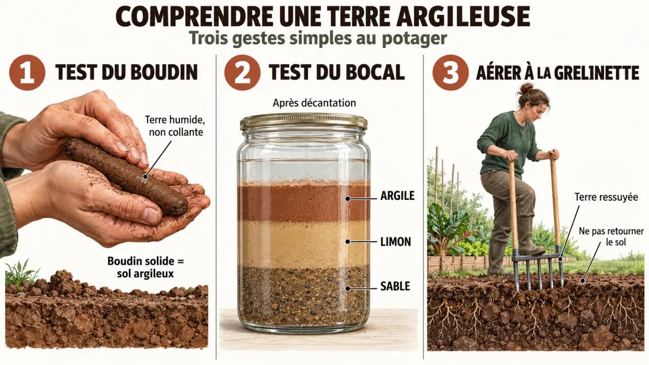 Diagnostic d’une terre argileuse au potager avec test du boudin, test en bocal et grelinette