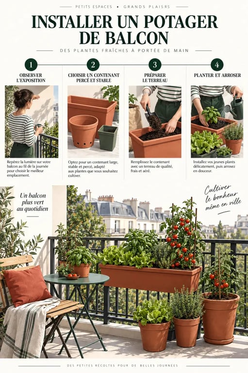 Installation d’un potager balcon avec contenants, terreau, plantations et arrosage