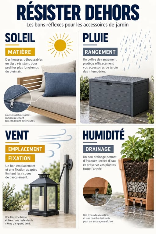 Résistance aux intempéries des accessoires jardin et critères de choix