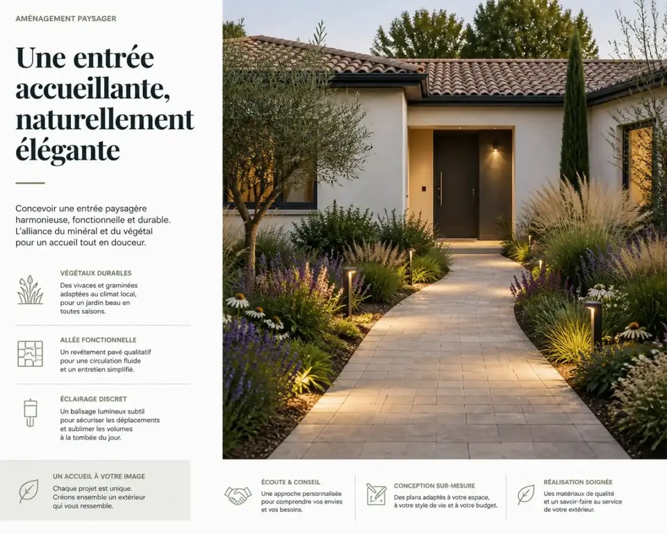 Aménagement extérieur devant maison avec allée pavée et massifs végétalisés