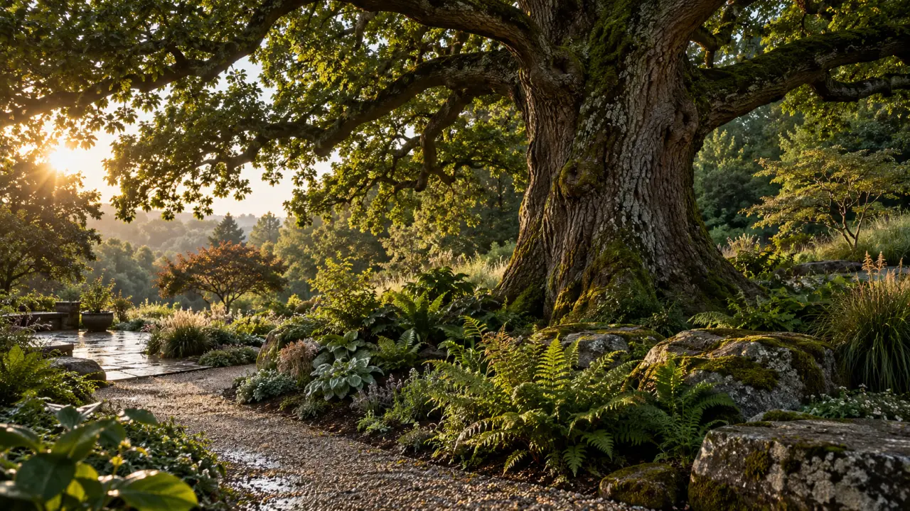 Jardin paysager aménagé autour d’un chêne mature