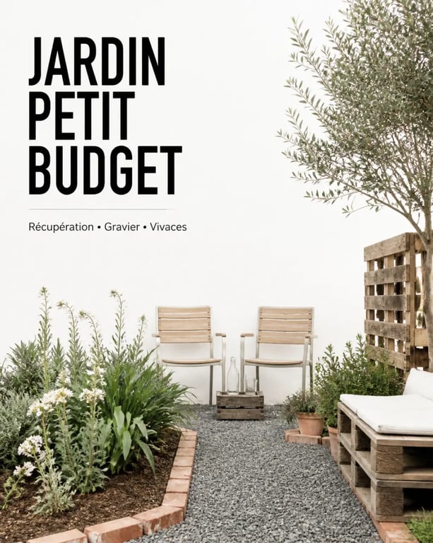 Aménagement jardin pas cher avec coin détente, allée en gravier et matériaux récupérés