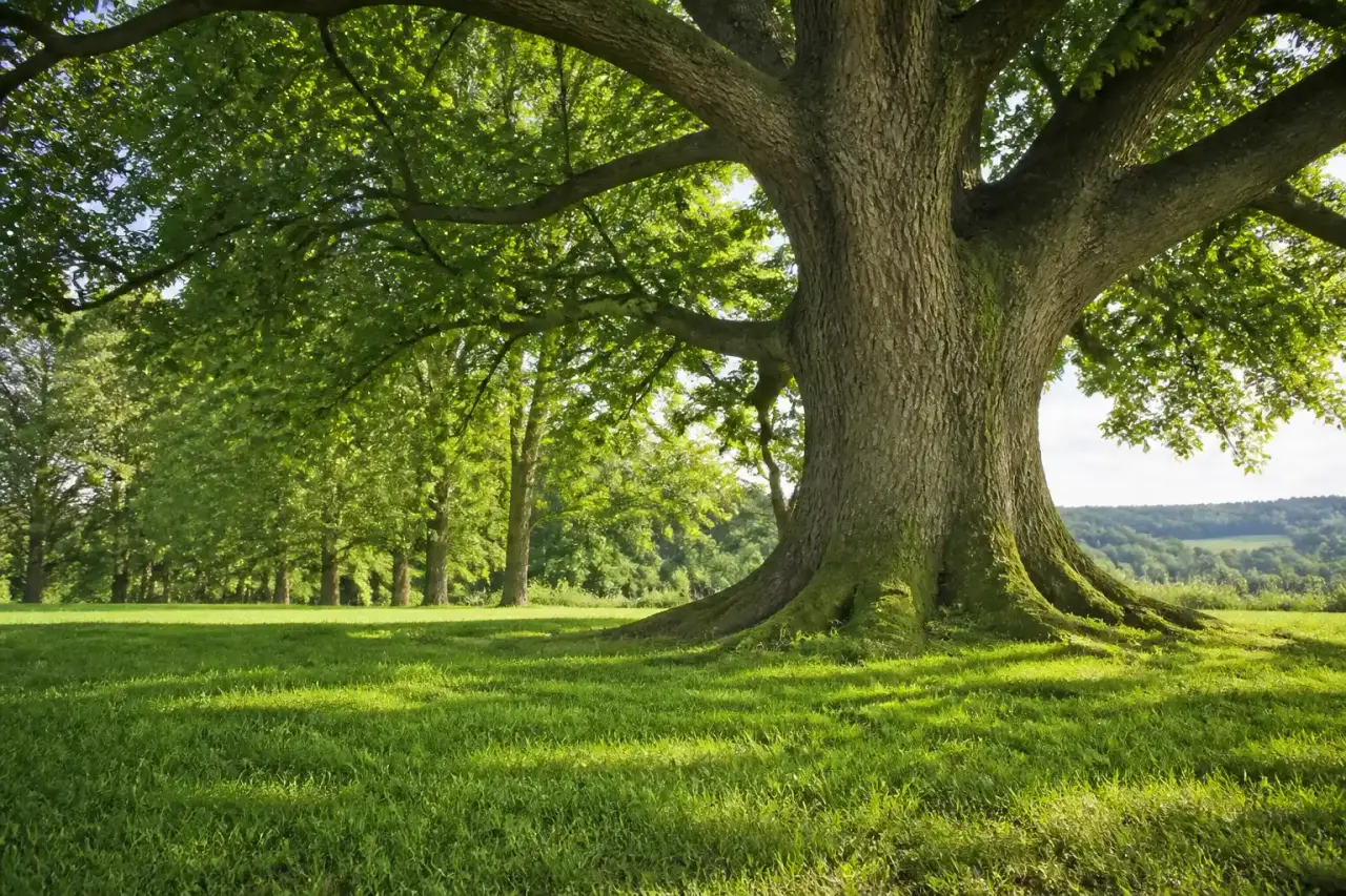 Grand chêne centenaire dans un jardin paysager brumeux au lever du soleil