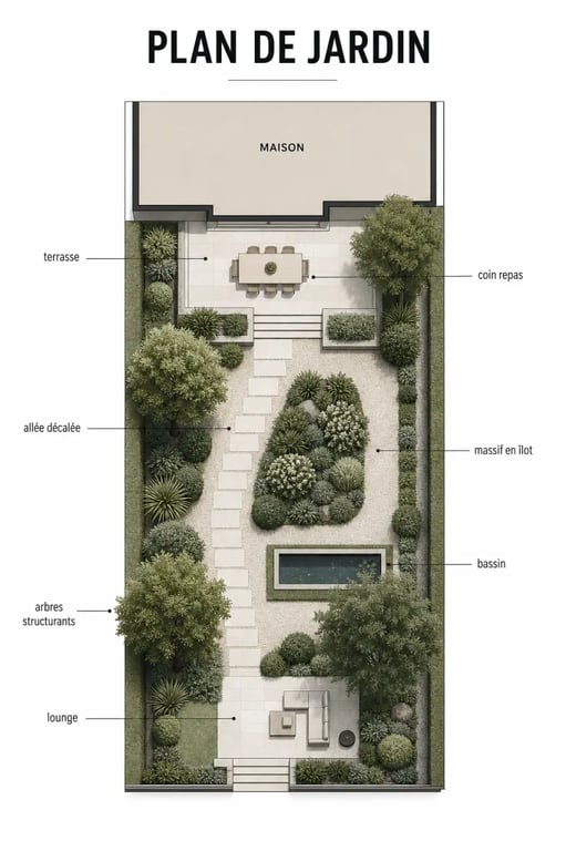 Aménagement grand jardin rectangulaire avec zonage visuel des espaces de vie