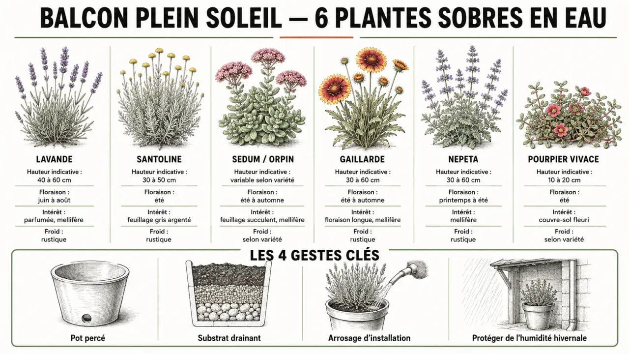 Infographie comparative des plantes plein soleil sans arrosage pour balcon