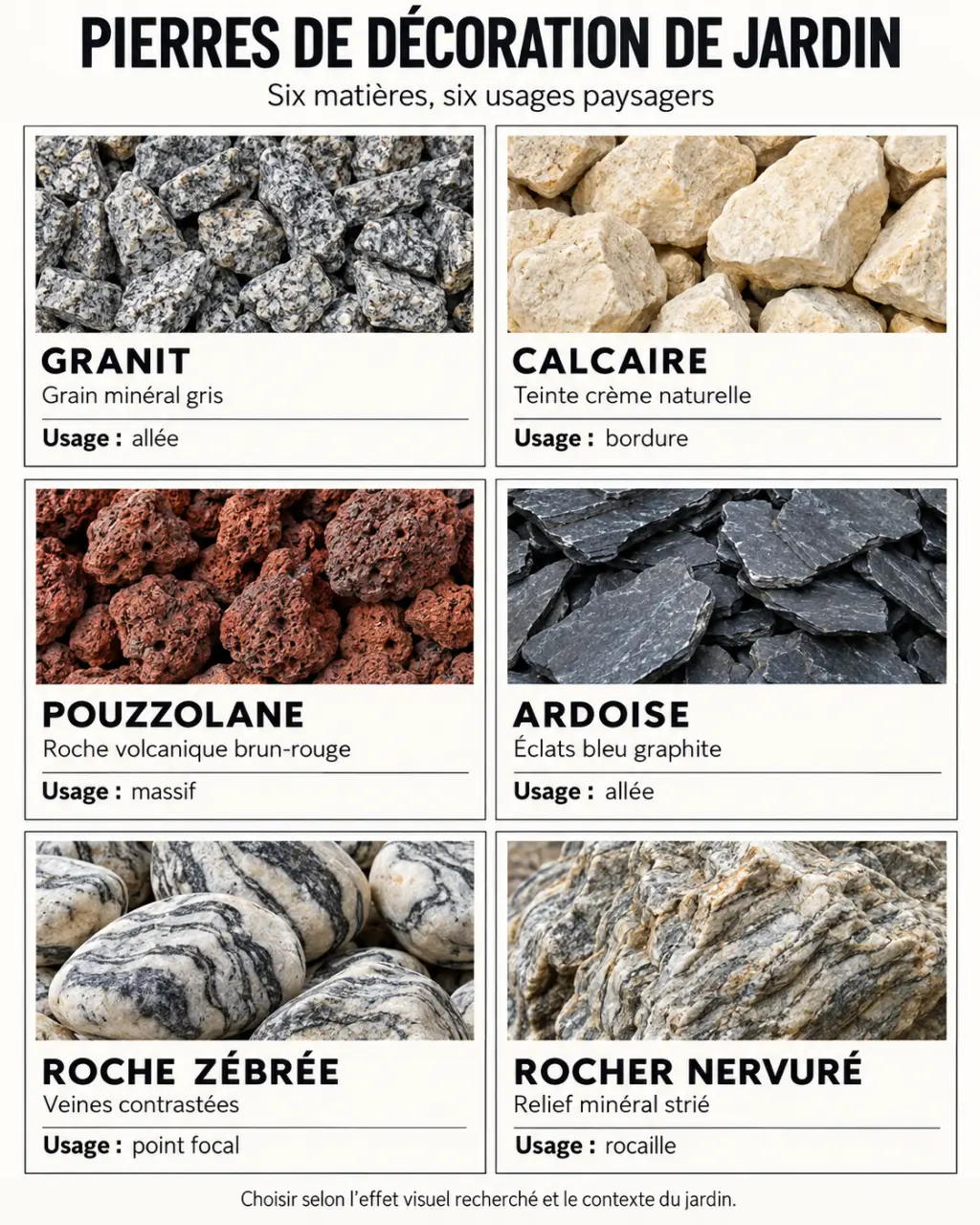 Infographie sur les types de pierre de décoration jardin et leurs usages