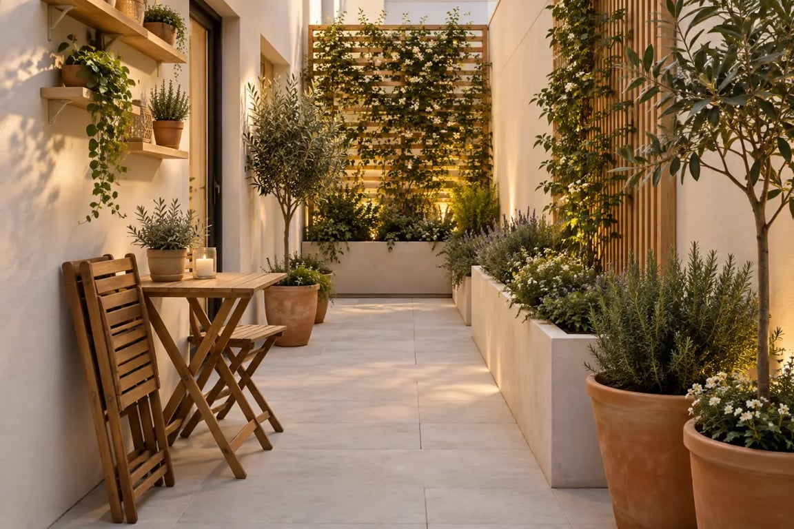 Aménagement patio extérieur petit espace avec mobilier pliant et végétalisation verticale
