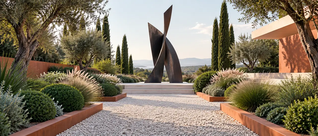 Sculpture pour le jardin moderne placée au bout d’une allée parmi les graminées