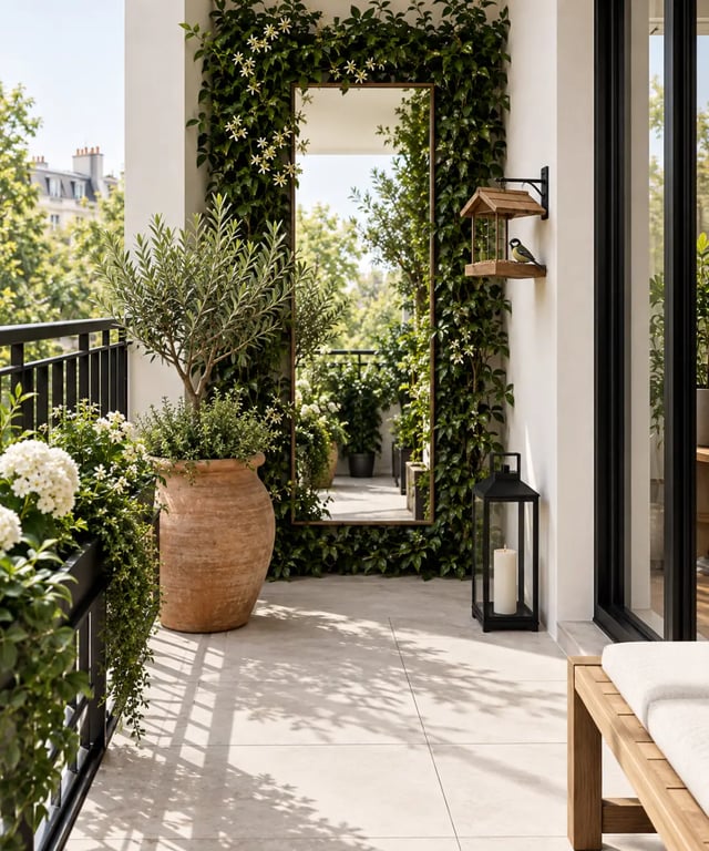 Décoration de jardin originale pour petit balcon avec miroir végétalisé et lanterne