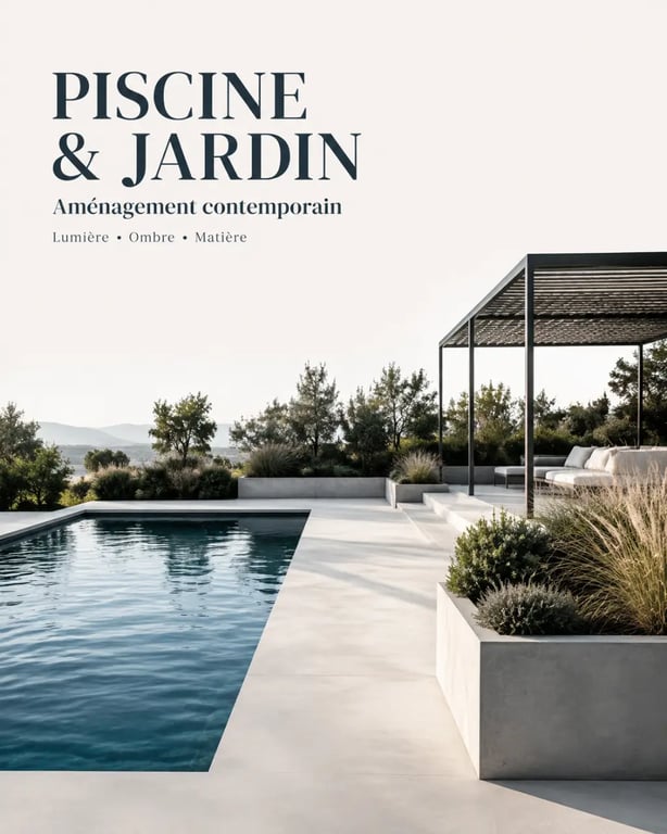 Aménagement piscine et jardin contemporain avec plage en béton décoratif et pergola