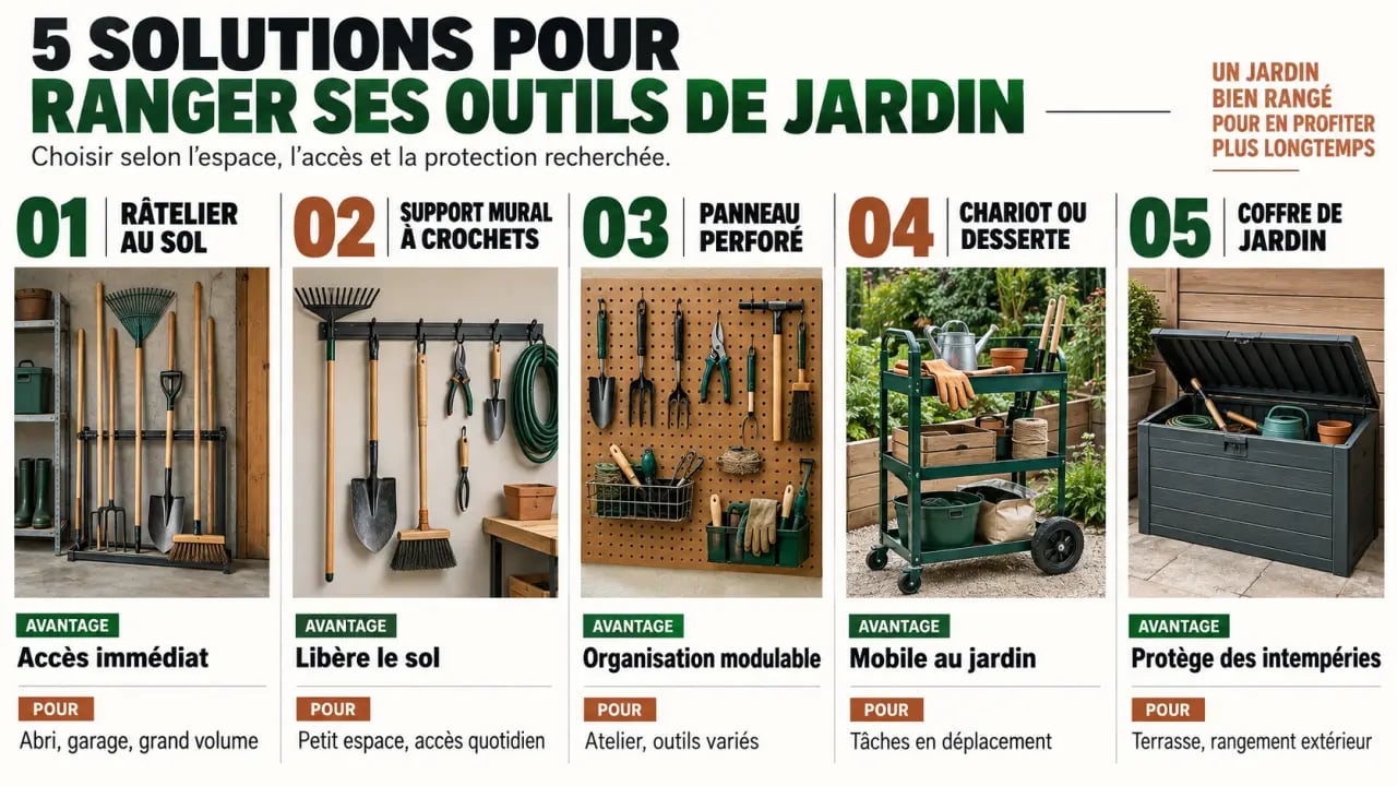 Infographie comparative des différents types de porte-outils de jardinage