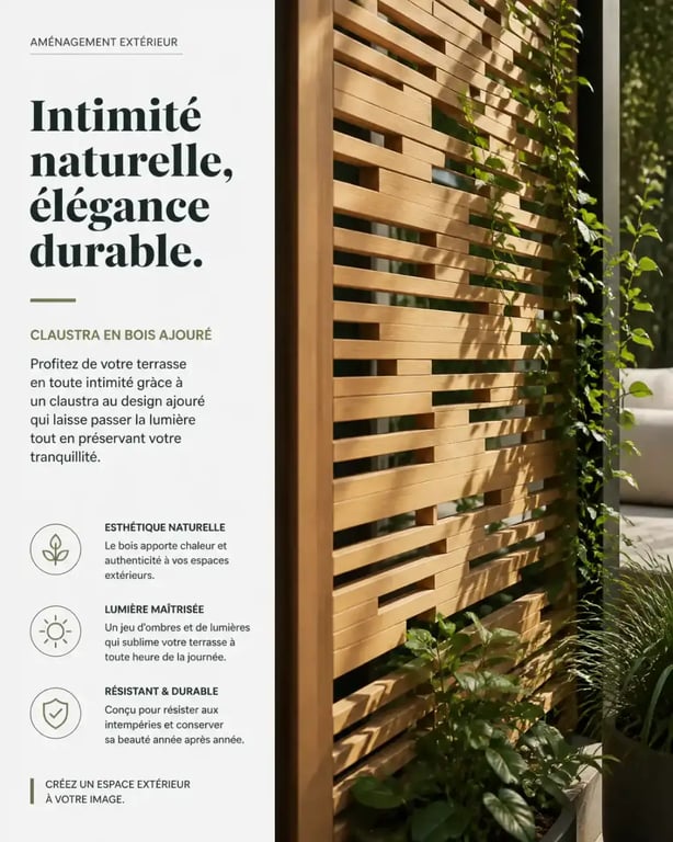 Claustra végétalisé pour préserver l'intimité d'une terrasse devant maison.