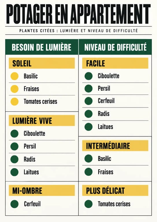 Infographie des plantes adaptées au potager en appartement selon la lumière et la difficulté