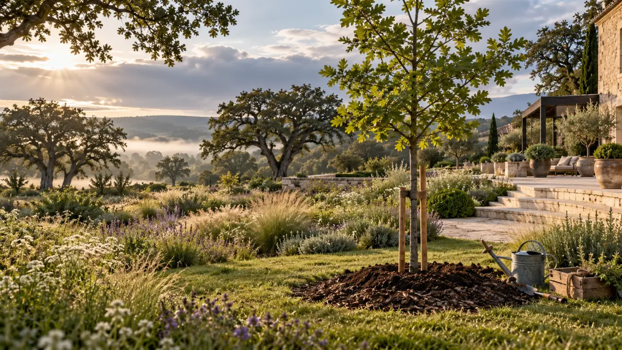 Jeune chêne planté dans un jardin paysager au sol naturel