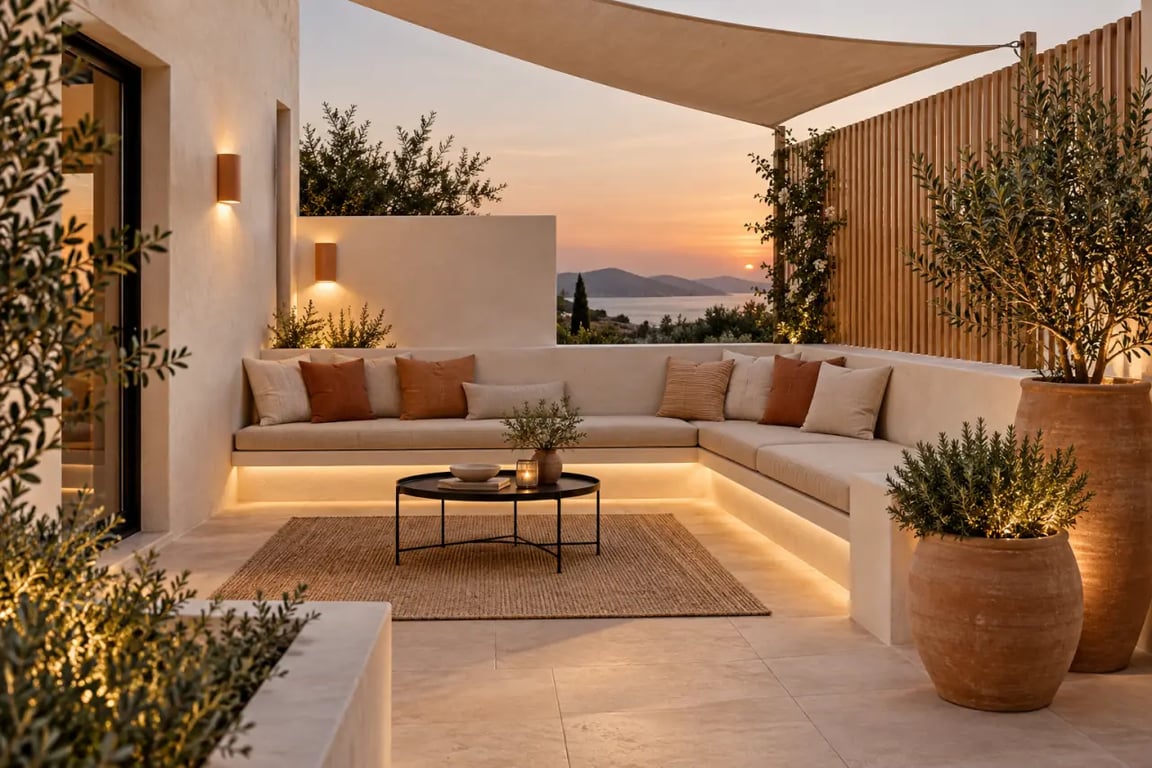 Aménagement patio extérieur cosy avec banquette, plantes et éclairage doux