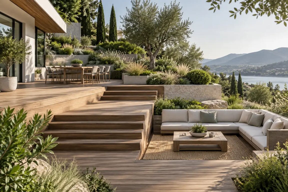 Les plus belles terrasse en bois sur plusieurs niveaux dans un jardin en pente