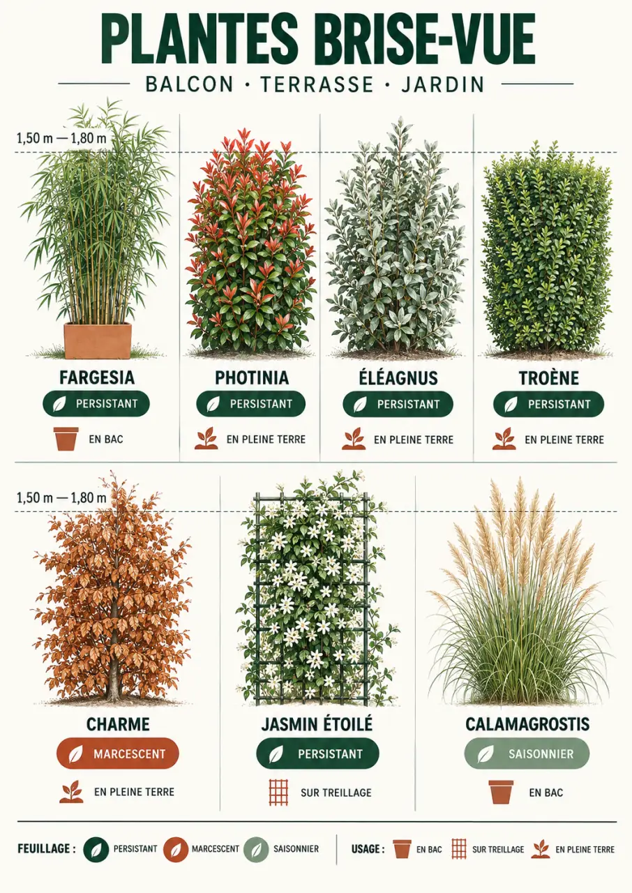 Plantes brises vues comparées selon leur feuillage et leur usage au jardin, sur terrasse ou balcon