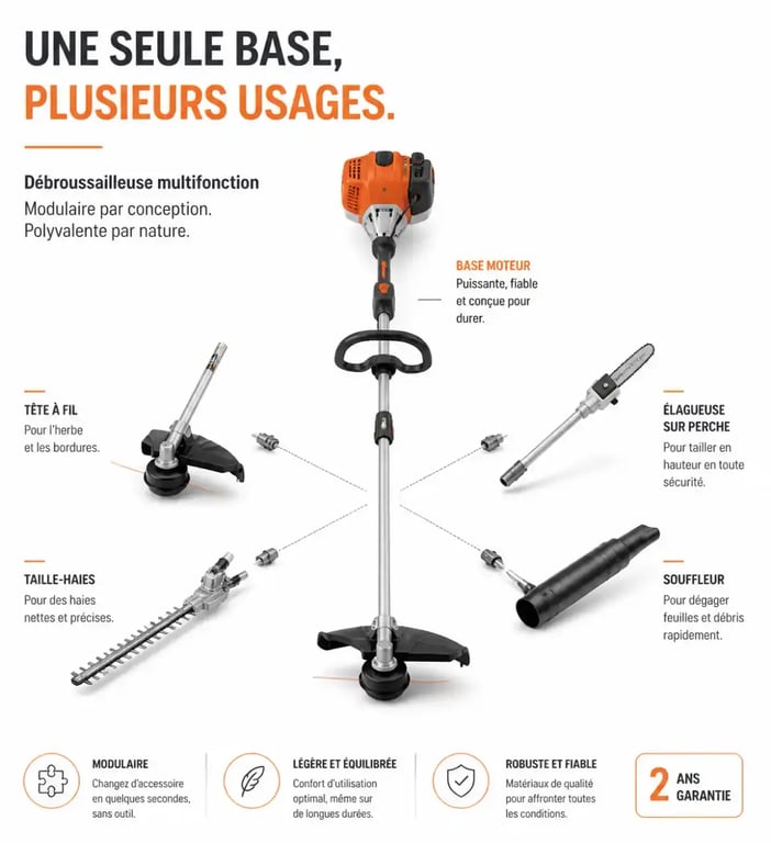 Debroussailleuse multifonction avec accessoires interchangeables pour jardin