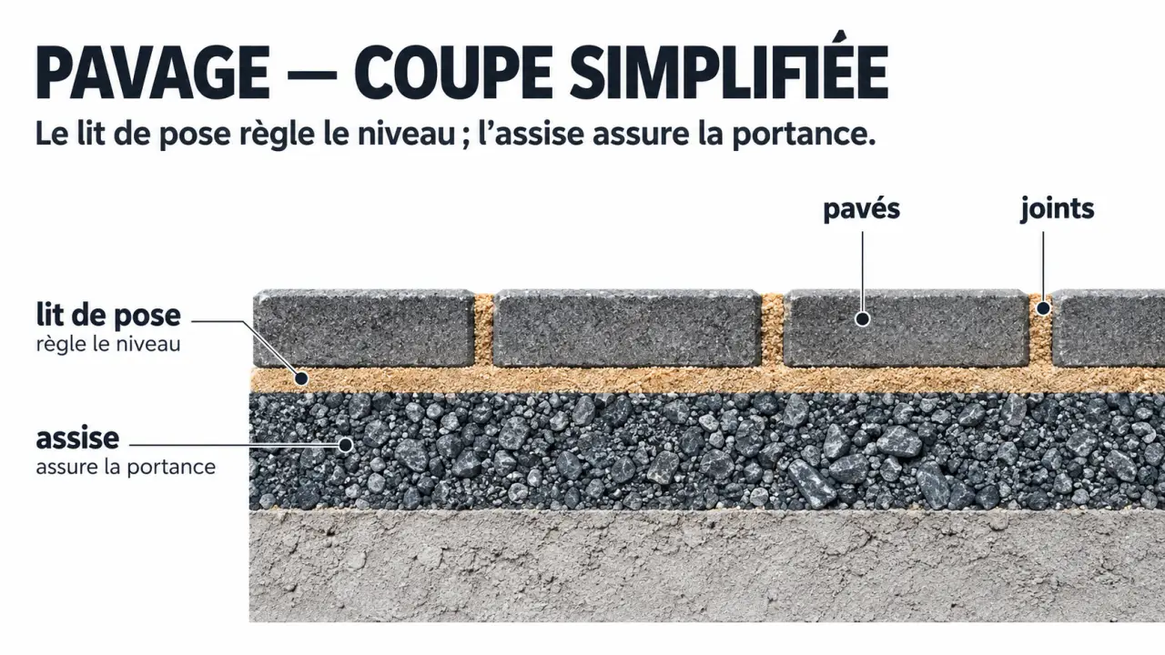 Schéma du sable pour pavage entre l’assise, le lit de pose, les pavés et les joints