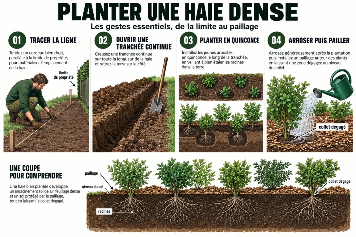 Étapes illustrées pour planter une haie de jardin dense