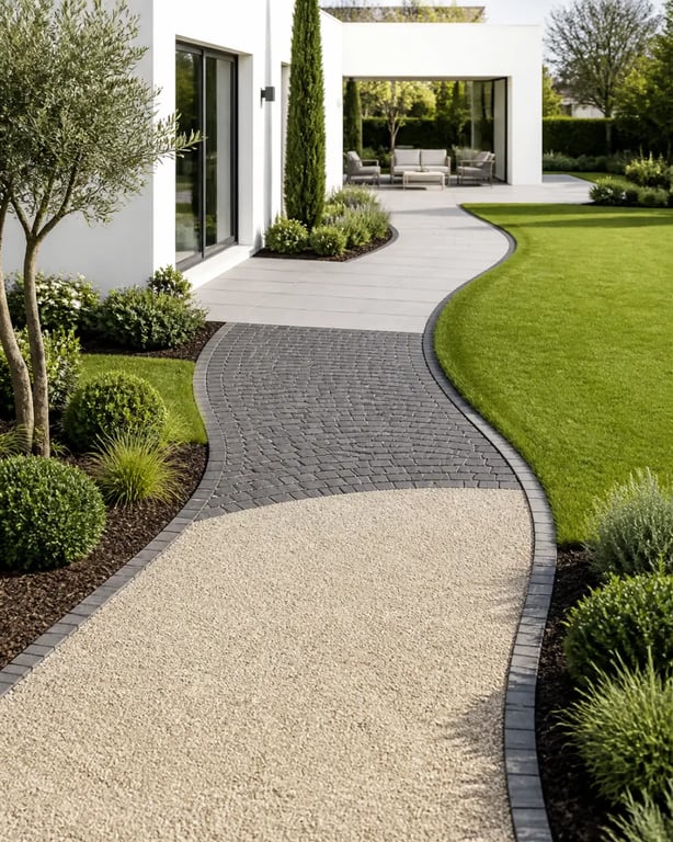 Aménagement allée jardin dans un extérieur contemporain avec gravier, pavés et dalles