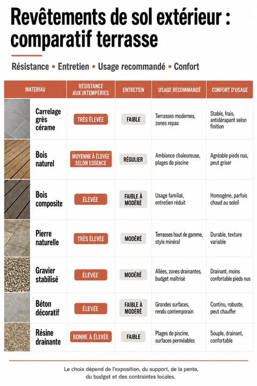Comparatif du revêtement sol extérieur terrasse selon la résistance, l’entretien et l’usage