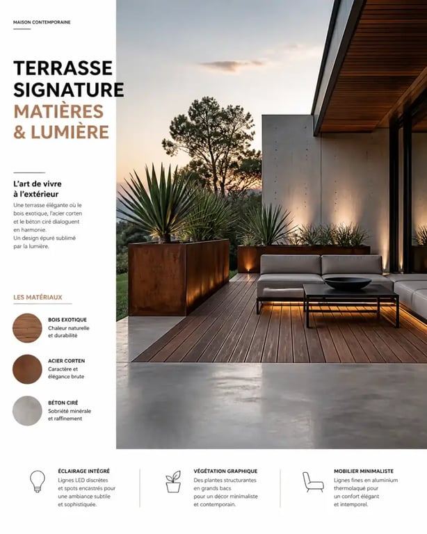 Aménagement d'une terrasse extérieure moderne avec des matériaux durables et un design épuré