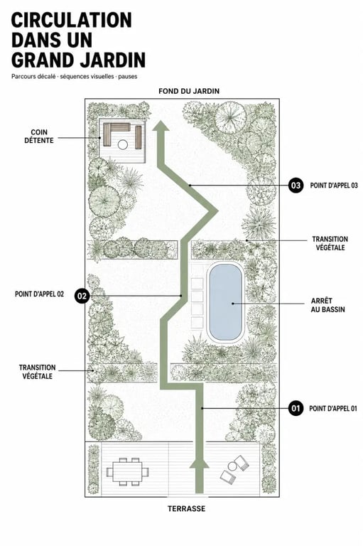Aménagement grand jardin rectangulaire avec circulation décalée et points d’appel visuels