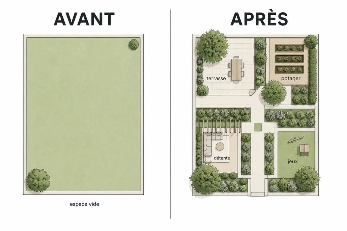 Aménagement grand jardin rectangulaire avant et après avec espace vide transformé en jardin structuré