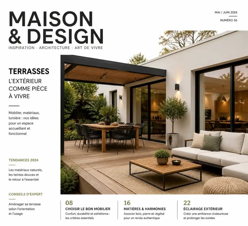 Aménagement terrasse devant maison avec zone de repas et salon extérieur.