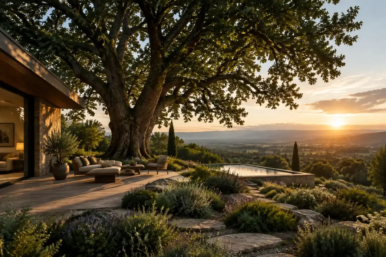 Magnifique chêne centenaire trônant au centre d'un jardin paysager d'exception