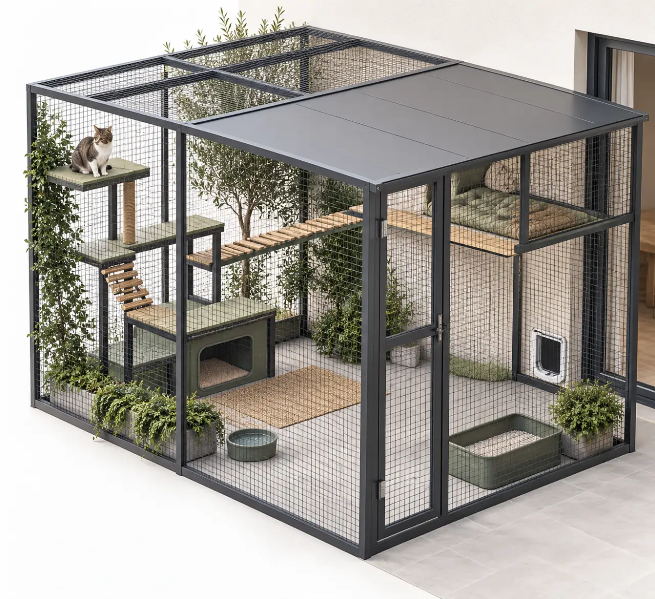Aménagement extérieur pour chat avec catio sécurisé, plateformes, cachette et zones séparées