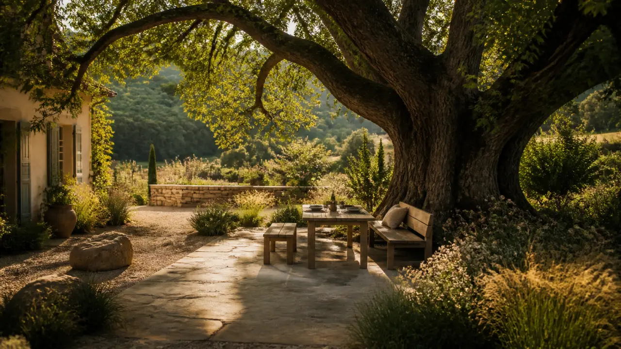 Grand chêne centenaire dans un jardin paysager élégant au lever du soleil