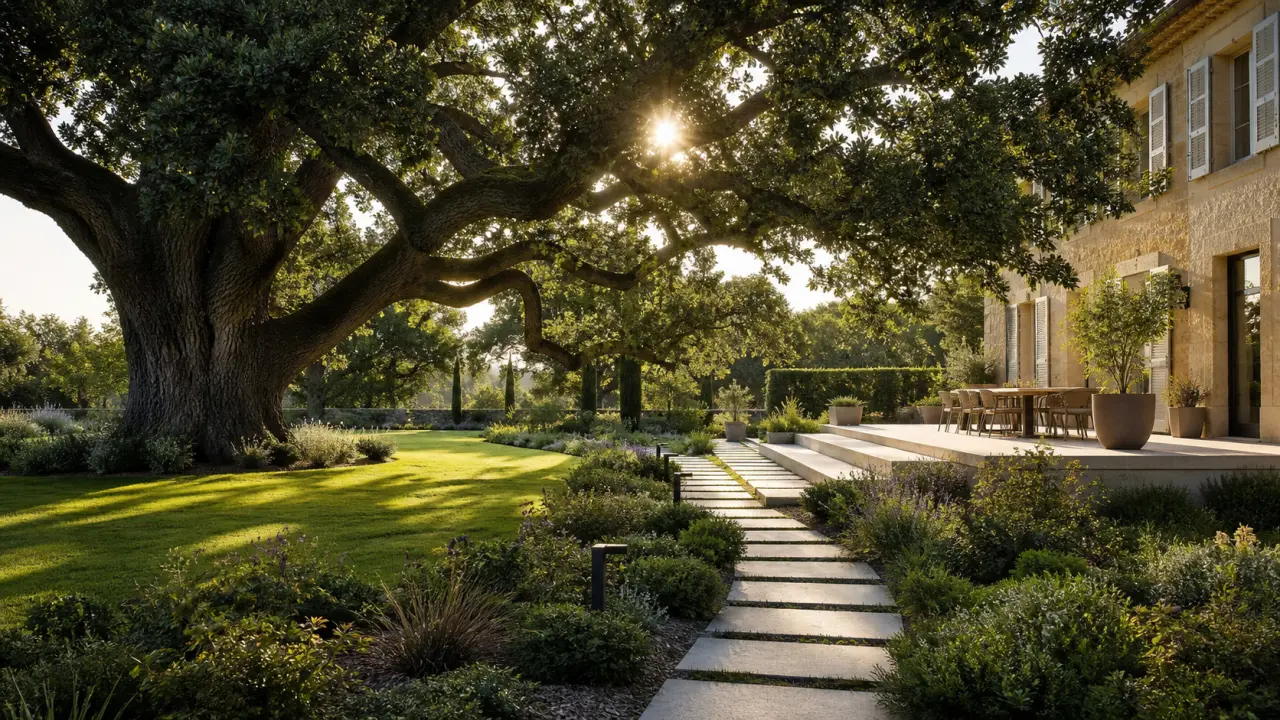 Grand chêne ancien dans un jardin paysager brumeux au lever du soleil
