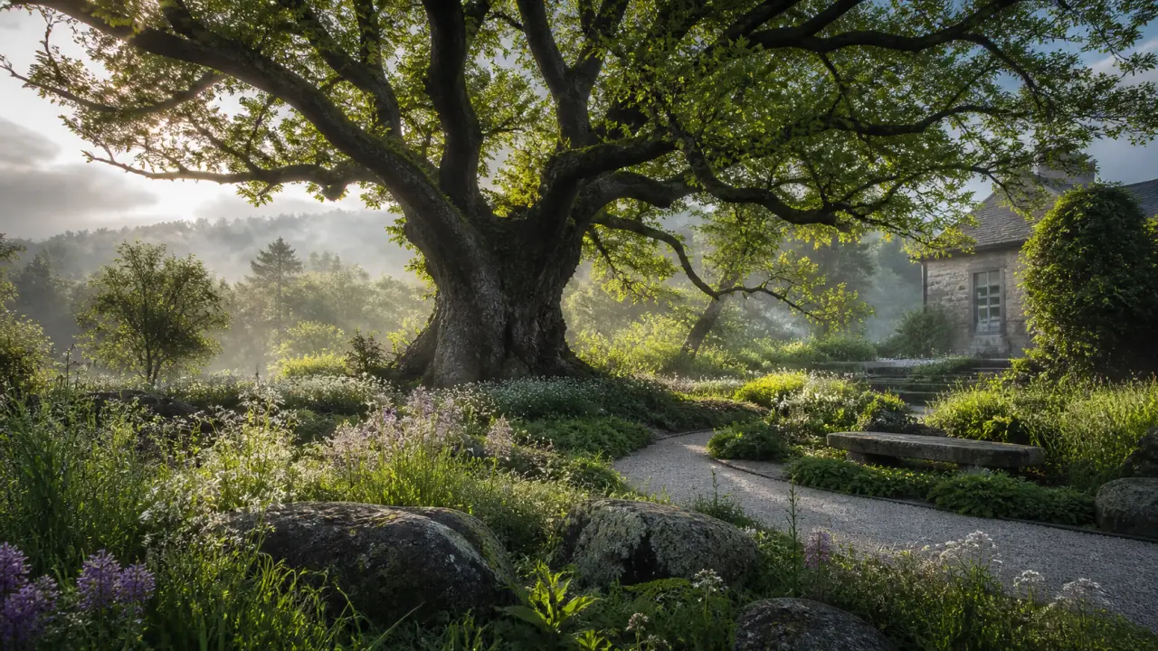 Grand chêne centenaire au printemps dans un jardin paysager, lumière dorée et ambiance brumeuse