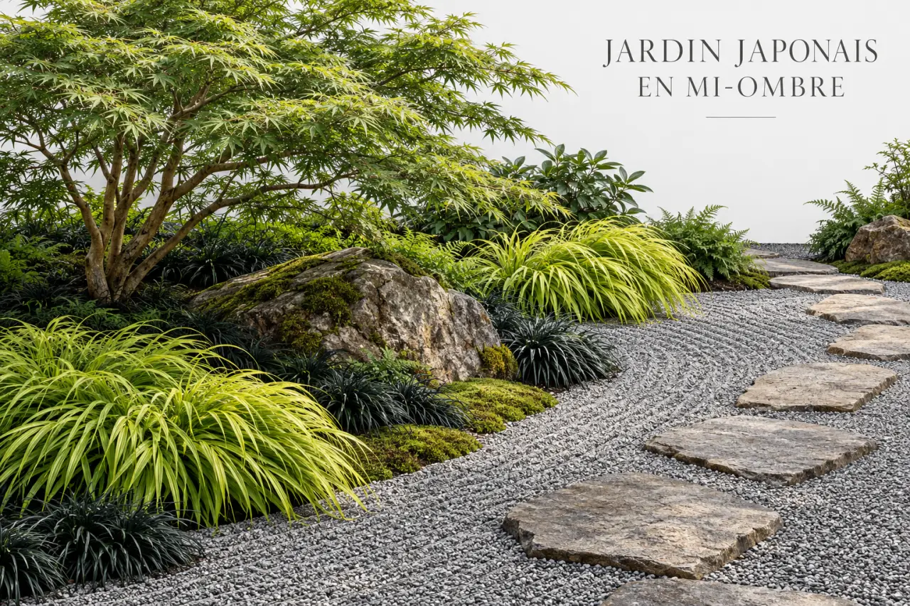 Plante japonaise extérieur dans une composition avec érable, hakonechloa, rocher et gravier