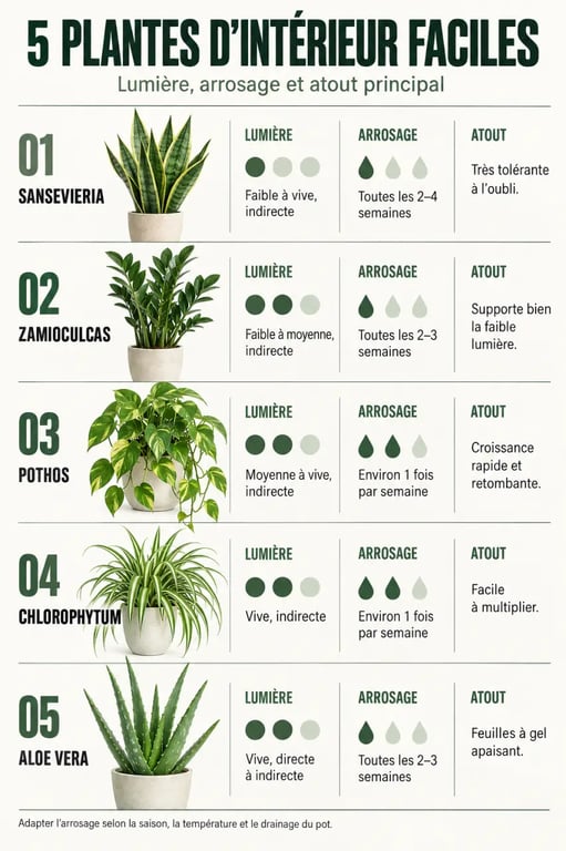 Infographie comparative de plantes facile d'entretien selon la lumière et l'arrosage