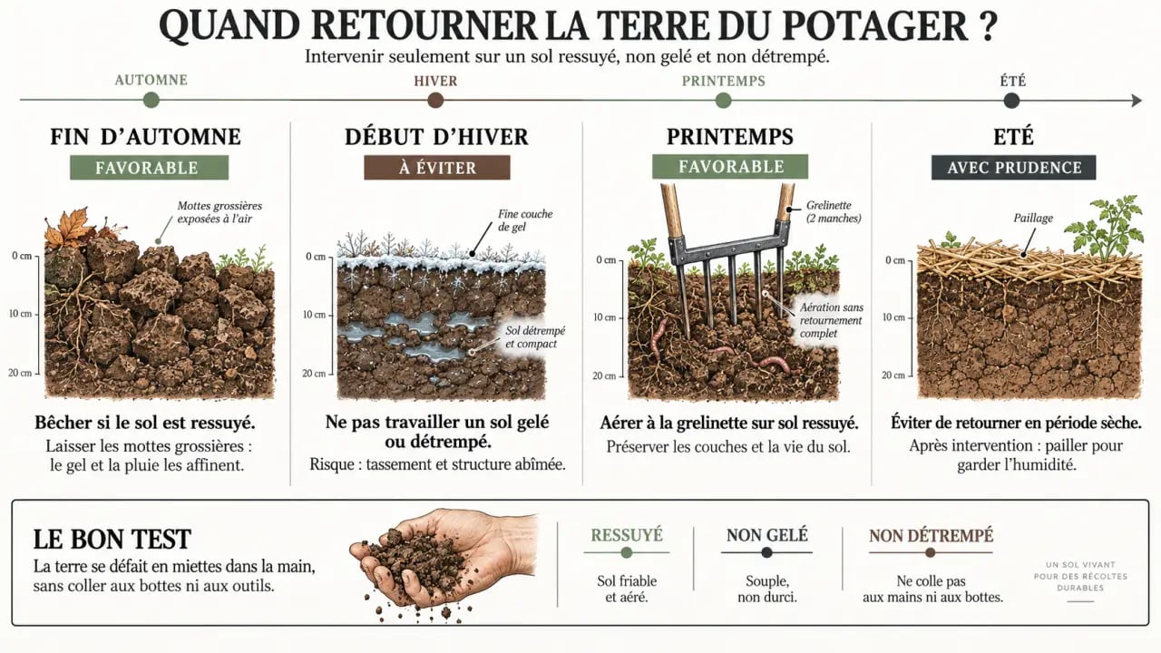 Infographie sur quand retourner la terre du potager selon les saisons et l’humidité du sol