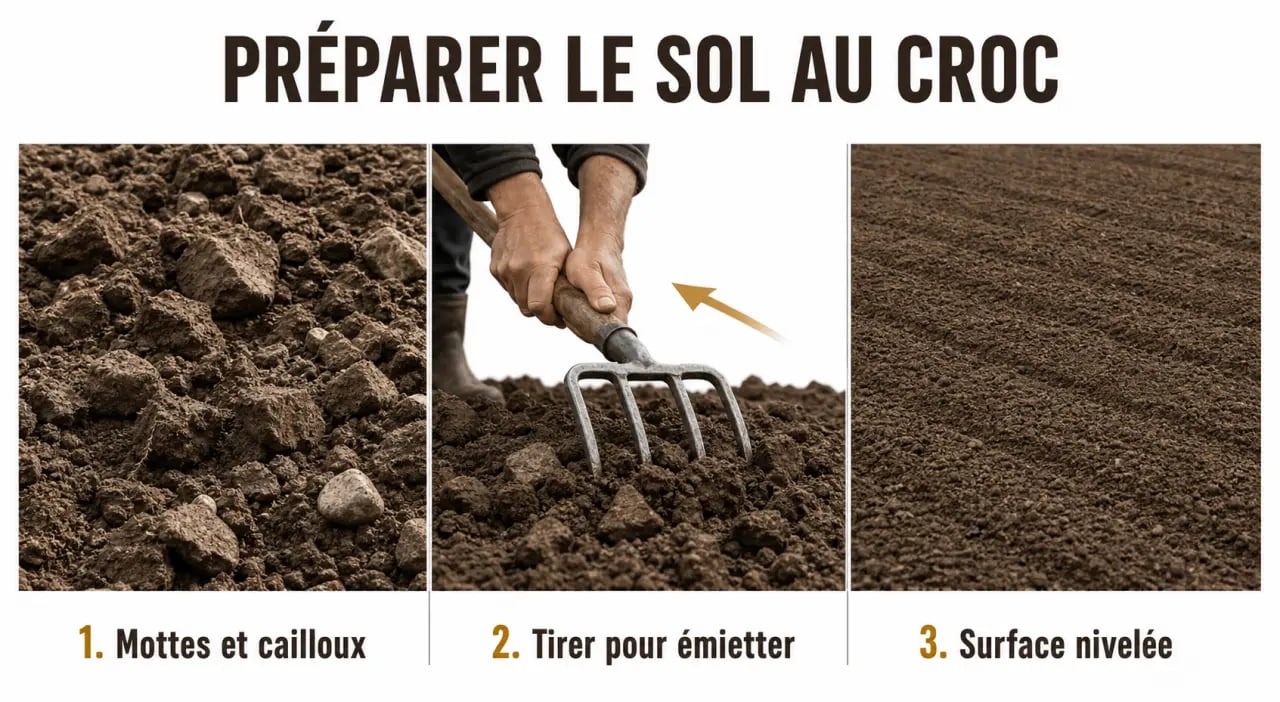 Croc pour jardinage utilisé pour casser les mottes et préparer le sol avant semis