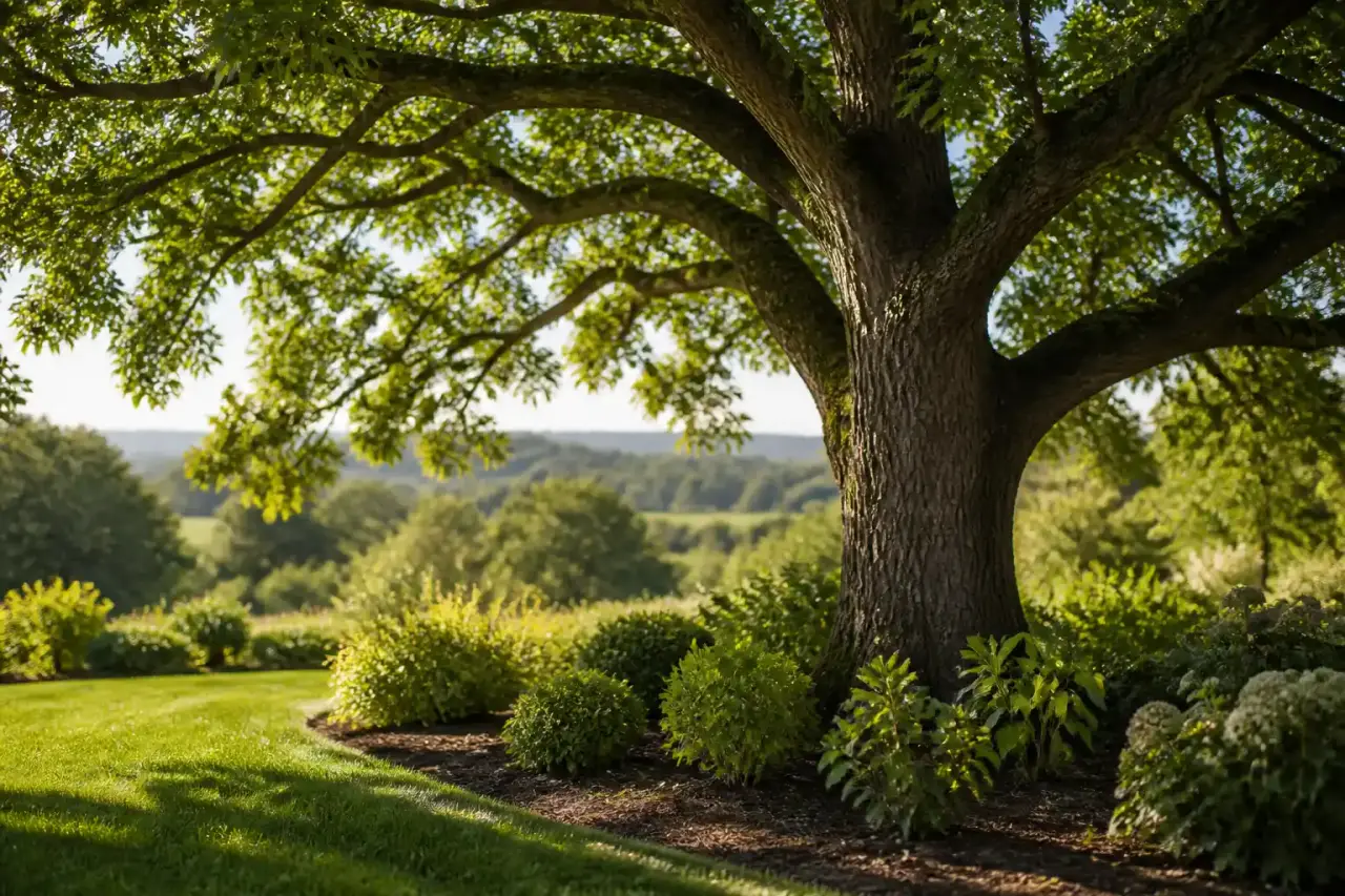Chêne centenaire mis en valeur dans un jardin paysager au petit matin