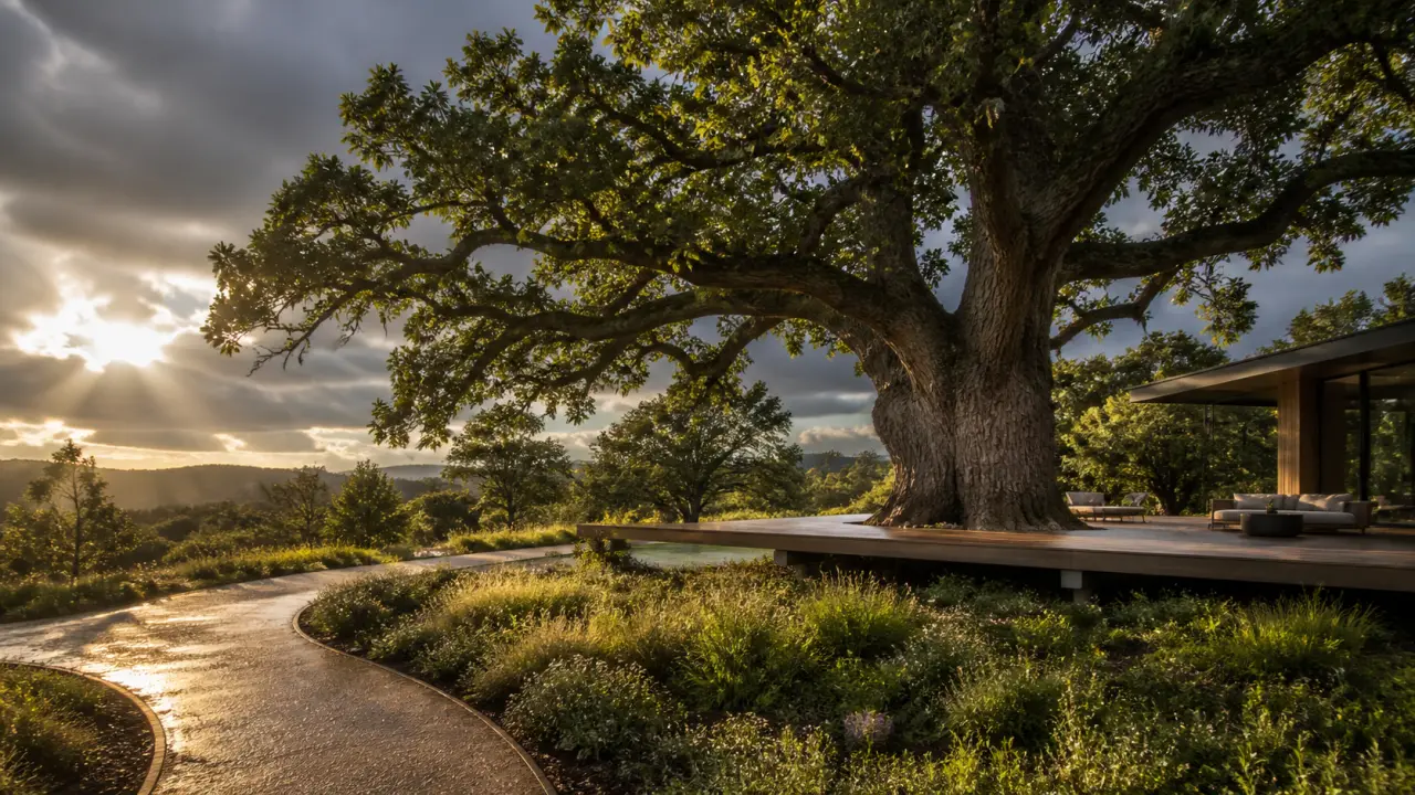 Chêne centenaire majestueux dans un jardin paysager au lever du soleil
